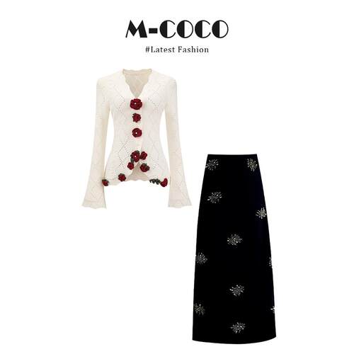 MARIECOCO巨好看的钩花镂空针织开衫2026春季新款印花半身裙套装