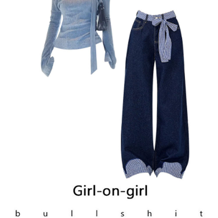 韩系时尚修身长袖针织衫直筒系带休闲裤胖mm大码套装