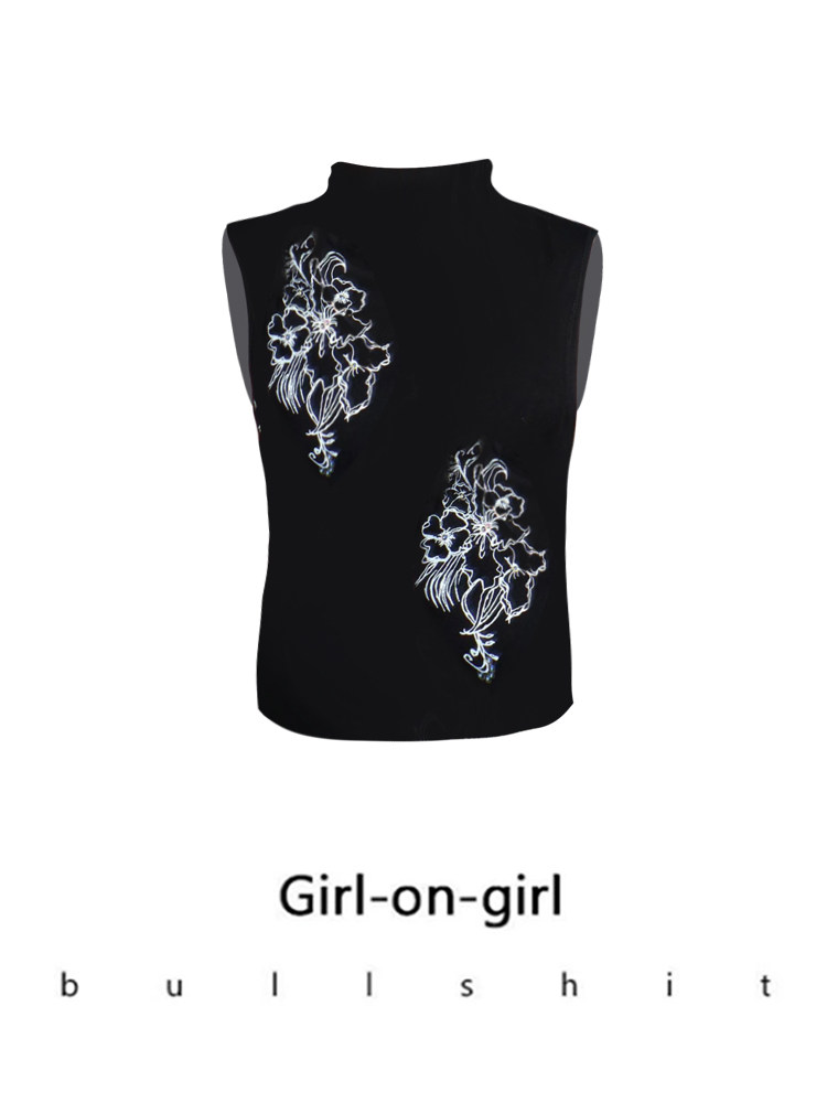 现货！&ldquo;涉谷街头&rdquo;手工钉珠夏季无袖黑色花花背心上衣女
