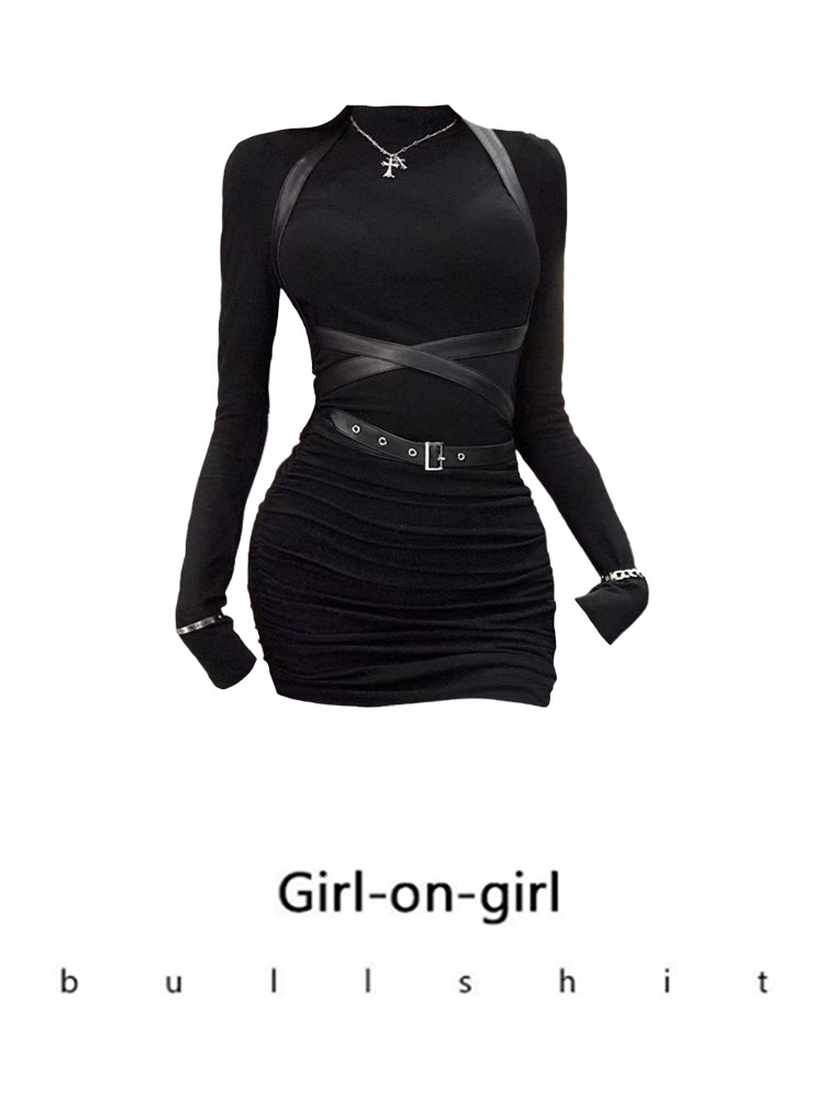 现货款！甜酷辣妹皮带修身连衣裙女秋冬季显瘦长袖设计感包臀裙