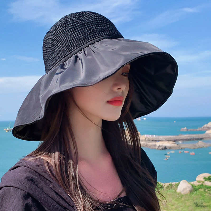 ly防晒帽女防紫外线春秋新款黑胶遮阳帽大帽檐旅游渔夫帽夏季帽