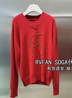 REVANYAYA芮范雅2026春季新款V领刺绣针织衫女红色毛衣R10601229