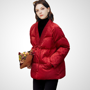 兰卡时尚复古提花红色收腰羽绒服女2026冬新款保暖显瘦白鸭绒外套