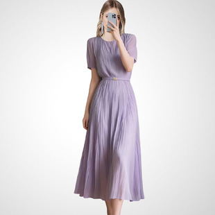 兰卡时尚法式优雅风紫色雪纺A字连衣裙女收腰显瘦中长款淑女裙