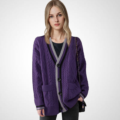 开衫紫色宽松针织外套搭