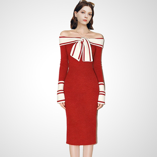 兰卡时尚红色一字肩蝴蝶结针织连衣裙女2025秋冬款修身包臀中长裙