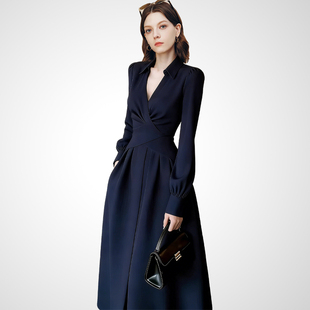 兰卡时尚轻熟优雅风V领交叉连衣裙女春款收腰修身气质通勤长裙