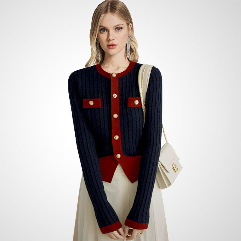 法式别致小香风撞色圆领毛衣女款2025年秋冬新款洋气修身针织上衣,女装/女士精品,毛针织衫,淘宝优惠券,粉丝福利购,淘宝优惠卷