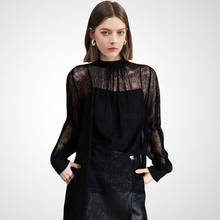 兰卡时尚轻奢风黑色蕾丝镂空长袖衬衫女设计感通勤显瘦百搭高级感