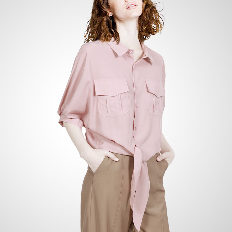 2026夏装新款时尚百搭Polo领别致衬衫上衣女设计感五分袖天丝衬衣