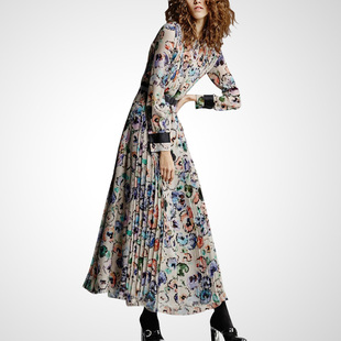 复古印花长裙女欧货2025秋冬洋气休闲连衣裙长款时尚气质百褶裙子