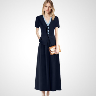 西装 新款 上衣阔腿裤 女2026年春季 撞色V领两件套 套装 优雅高级法式