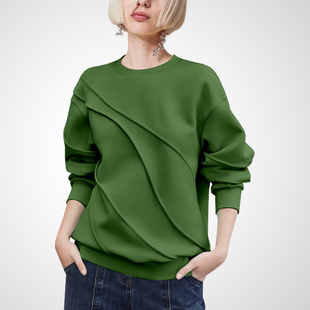 高端时尚 款 宽松休闲上衣 绿色圆领慵懒风卫衣女2026年新款 春季