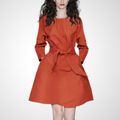 欧美简约时尚 收腰知性优雅连衣裙 长袖 大摆A字裙子2026年春季 新款