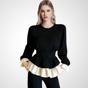 兰卡时尚黑杏撞色收腰荷叶边衬衫女2026春款泡泡袖设计感通勤上衣