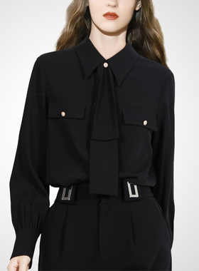 高级干练黑色领带衬衫女2025年秋冬新款气质通勤OL单排扣长袖衬衣