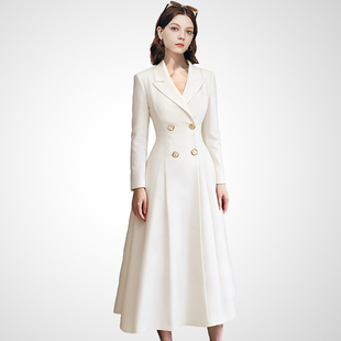 兰卡时尚白色收腰双排扣西装裙女2026春款高级修身显瘦长款连衣裙