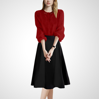 红色绣花衬衫气质百搭半身裙