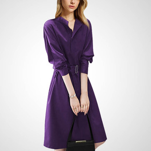 时尚洋气气质高级感赫本风连衣裙女2026春季新款紫色收腰衬衫裙子