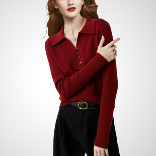 高级感POLO翻领红色毛衣女2026年春季新款显瘦减龄漂亮洋气针织衫