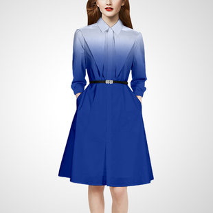 2026年春款新款女时尚装法式优雅气质蓝色连衣裙高级感收腰衬衫裙