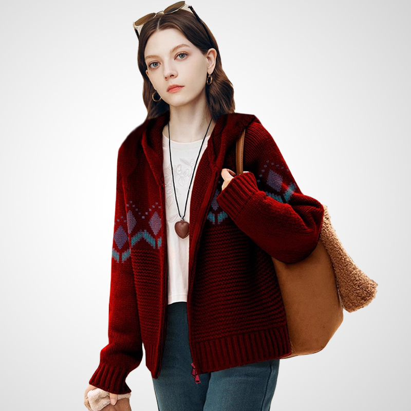 复古酒红色连帽针织毛衣女