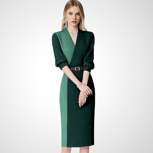 时尚气质优雅设计感连衣裙女2026春新款洋气减龄显瘦撞色V领收腰