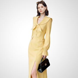 兰卡时尚轻熟优雅风黄色连衣裙女春款蝴蝶结领收腰开衩气质长裙