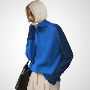 时尚洋气设计感蓝色独特漂亮毛衣女2026年春季新款高领针织打底衫