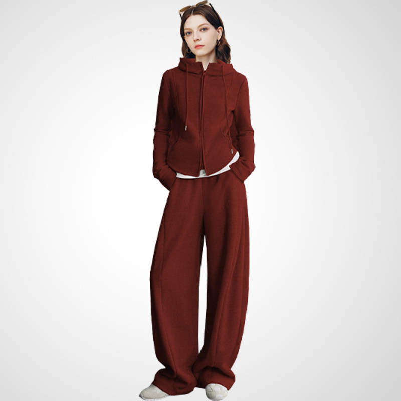 兰卡时尚2025秋冬新款酒红色连帽卫衣阔腿裤套装宽松显瘦两件套潮,女装/女士精品,时尚套装,淘宝优惠券,粉丝福利购,淘宝优惠卷