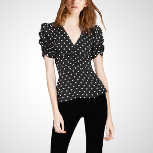 时尚波点衬衫女2026夏装新款潮修身短袖衬衣复古套头V领上衣百潮