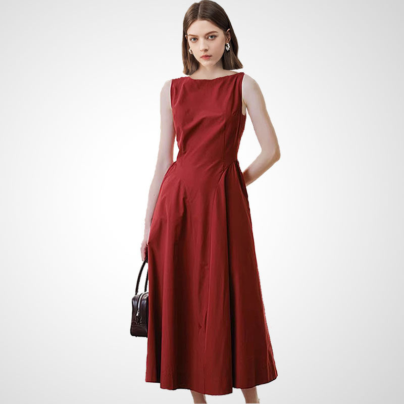 兰卡时尚法式赫本风无袖红色连衣裙女夏款收腰显瘦高级感气质长裙