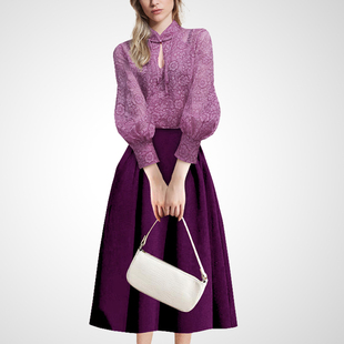 紫色印花衬衫 女2026年新款 大摆半裙两件套搭 夏季 洋气通勤复古套装