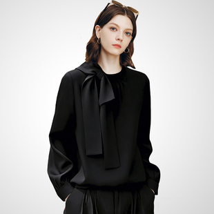 兰卡时尚缎面大蝴蝶结领黑色衬衫2026春款灯笼袖轻奢气质通勤上衣
