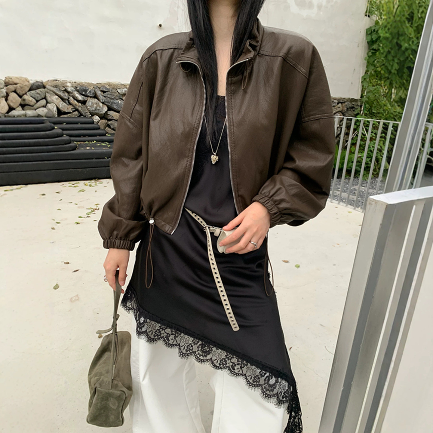 立领抽绳PU皮衣女2026秋短款新款韩版百搭机车夹克蛋白皮外套6782