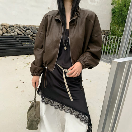 宽松短款立领抽绳短款皮衣外套女