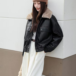加绒皮衣外套女冬季港风复古机车内里獭兔毛皮夹克派克服短款上衣