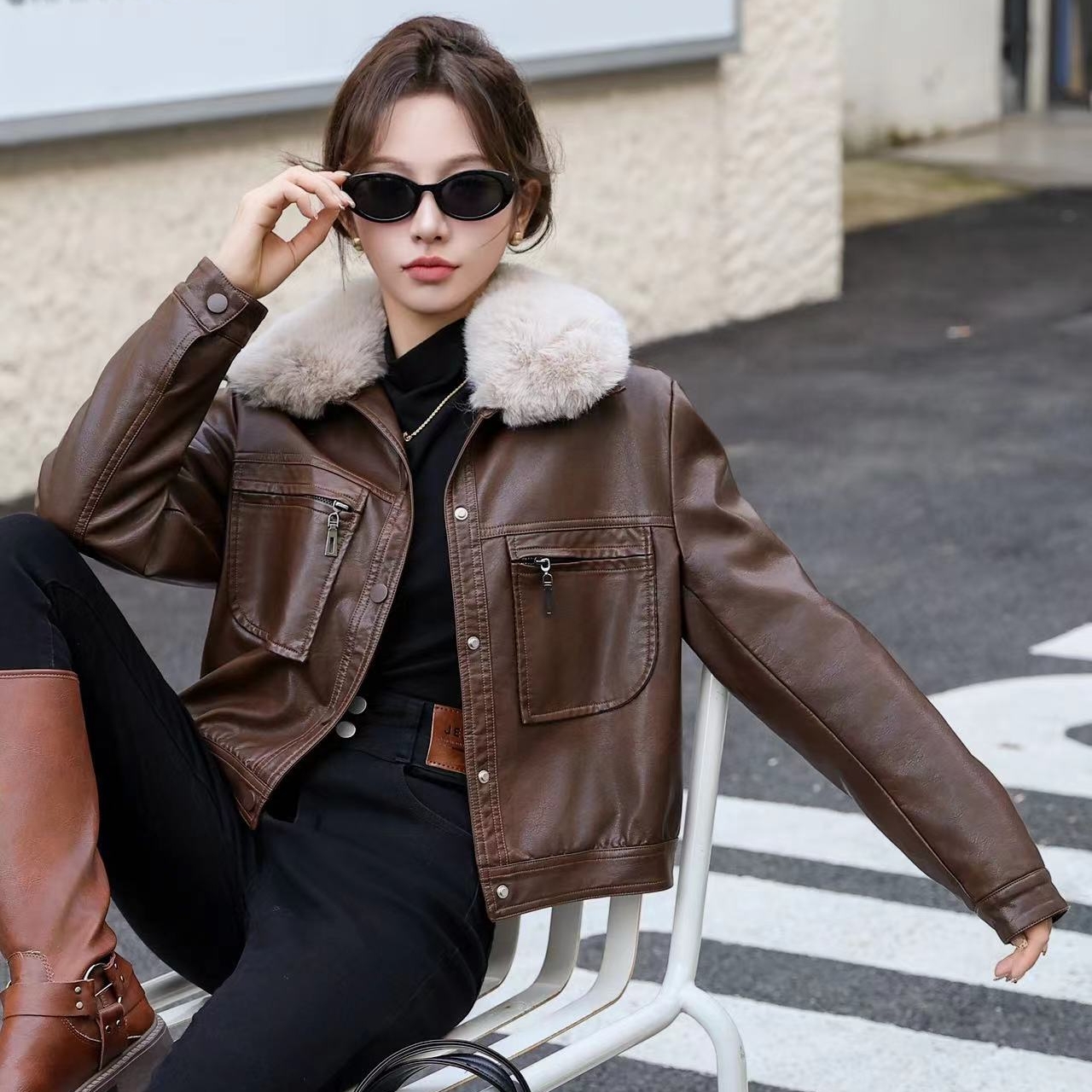 宽松加绒加厚小个子短款皮衣外套