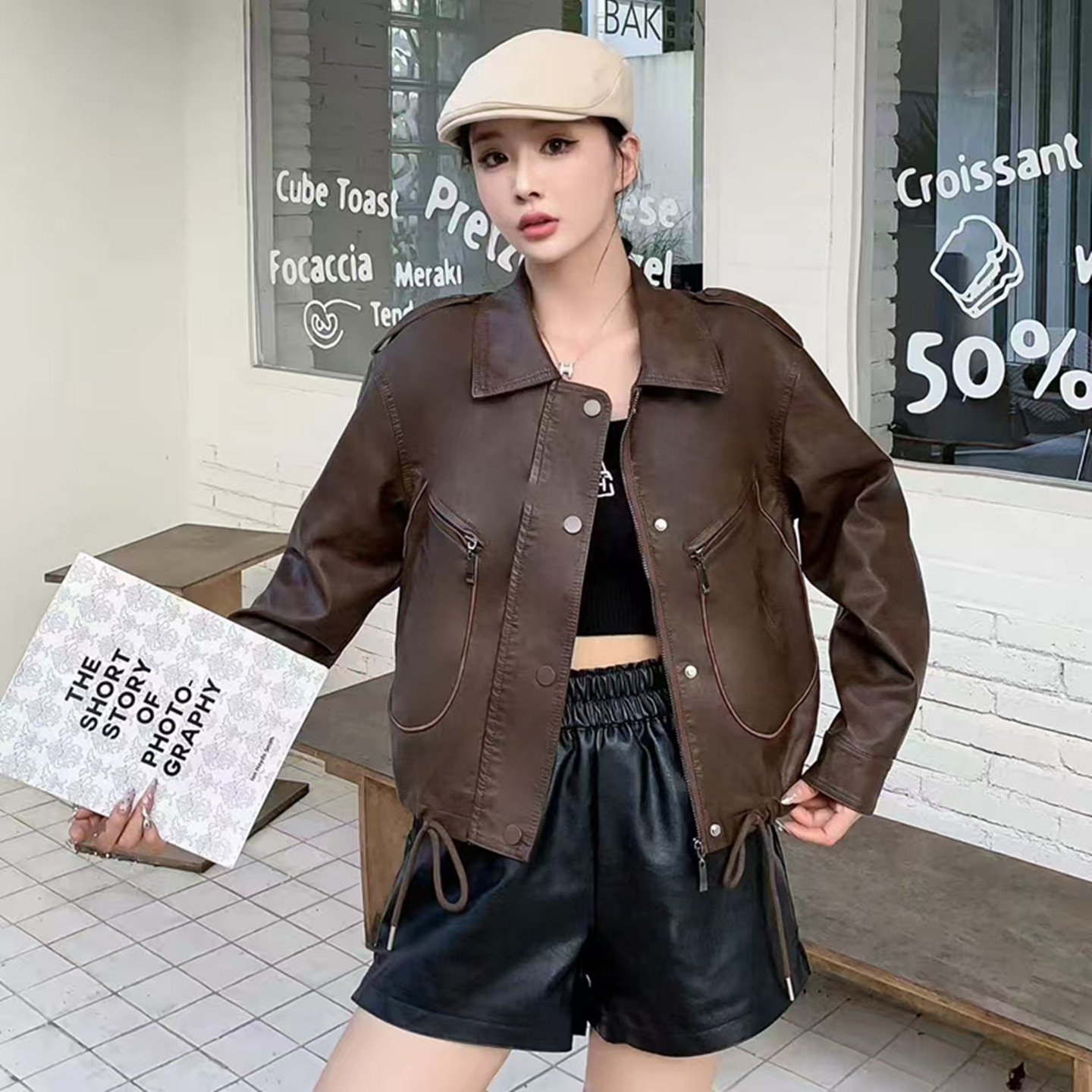 宽松美式复古翻领短款皮衣外套女