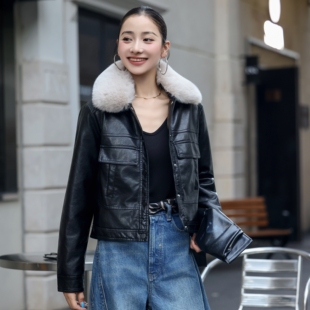 韩国冬季皮衣加绒外套女装皮机车夹克獭兔毛毛领派克服短款上衣潮