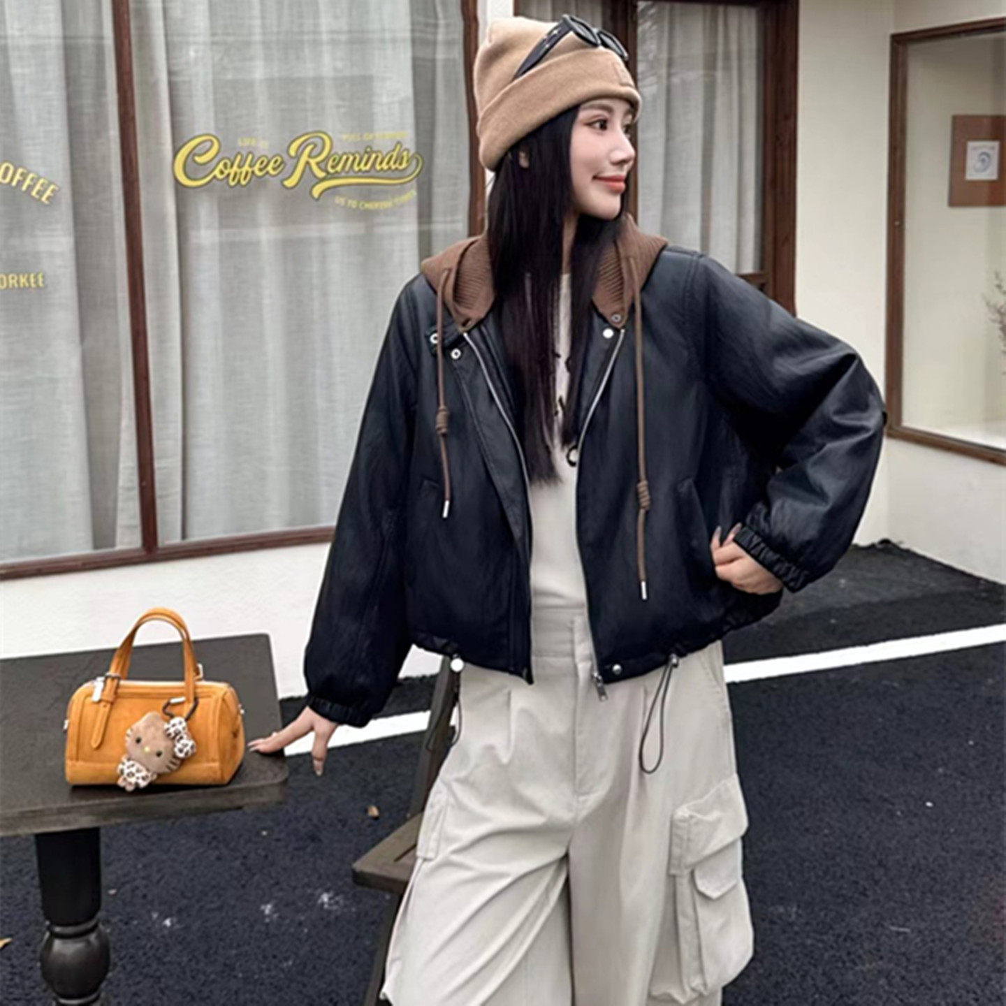 加绒加厚连帽短款小个子夹克女