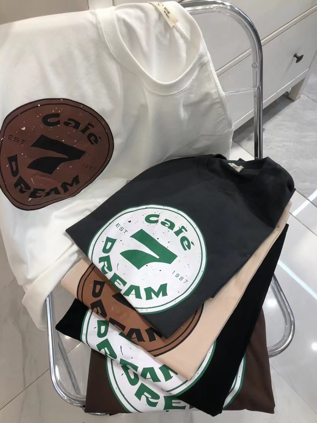 女半袖夏季T恤短袖t恤宽松圆领cafe大码上衣纯棉慵懒中长款打底衫