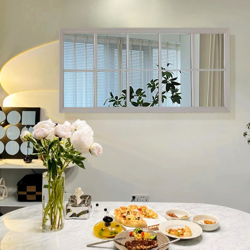 法式奶油风假窗户大镜美式玄关镜原木家用客厅背景墙面装饰壁挂镜