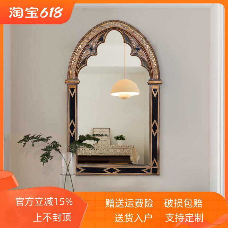 高级卫生间镜子美式复古浴室镜欧式中古壁挂餐边装饰镜洗面盘镜子