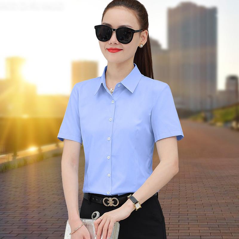 蓝色短袖衬衫女2025新款春夏修身气质棉质方领OL职业衬衣工作服潮