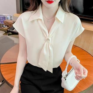 女士設(shè)計(jì)感小眾洋氣飄帶襯衣短袖 2025年夏季 新款 氣質(zhì)雪紡襯衫 上衣