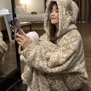 大码小熊珊瑚绒睡衣女款冬季睡袍加绒加厚2024新款海岛绒冬天长袍