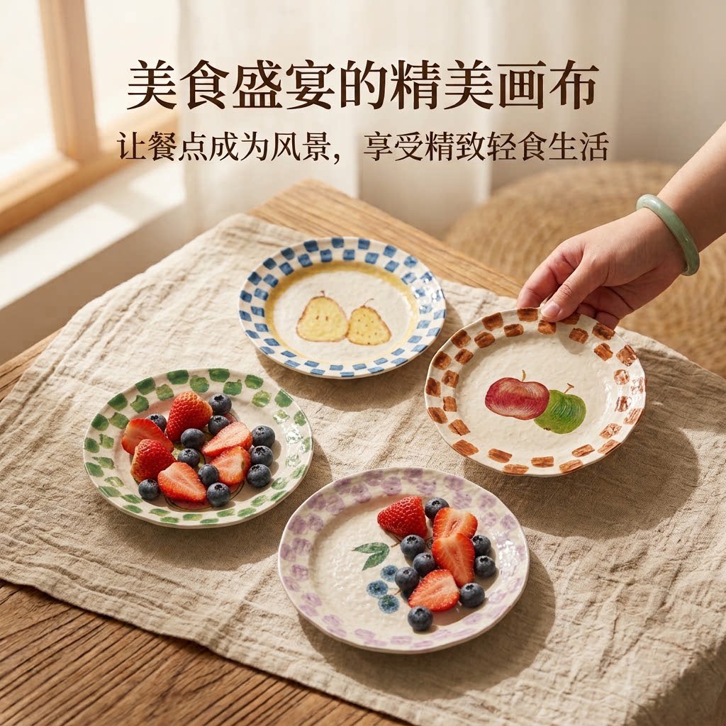 釉下彩手绘高颜值复古餐具高级漂亮餐盘果盘好看陶瓷盘子家用菜盘