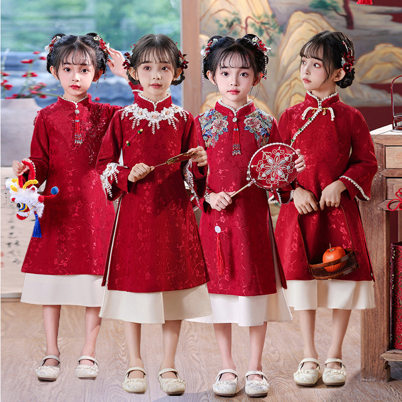 女童旗袍裙2024新款红色喜庆周岁新中式儿童唐装连衣裙加厚拜年