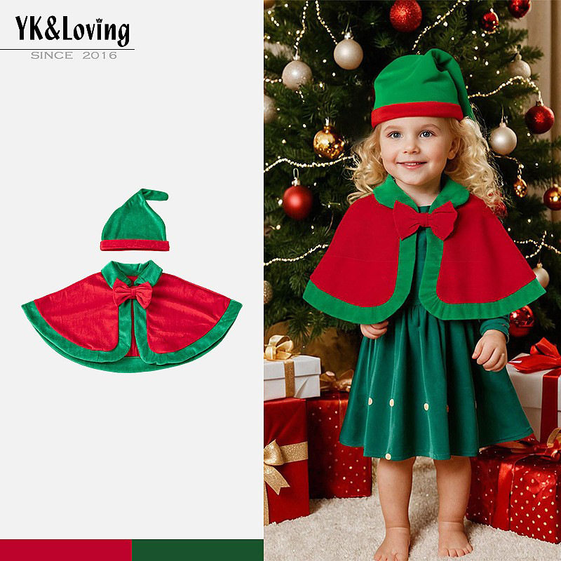 跨境秋冬新款圣诞节节日派对服饰儿童装扮斗篷保暖帽子两件套